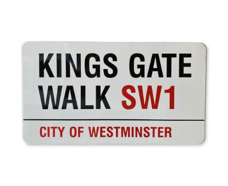 An enamelled iron street sign for Kings Gate Walk SW1, City of Westminster with iconic black and red sans serif lettering fir