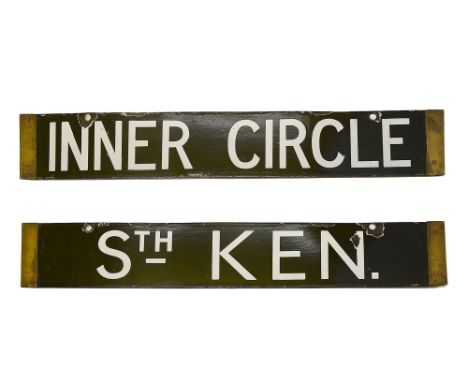 A London Underground Q/CO/CP Stock enamel cab destination plate for INNER CIRCLE / STH KEN,with white lettering on a black gr
