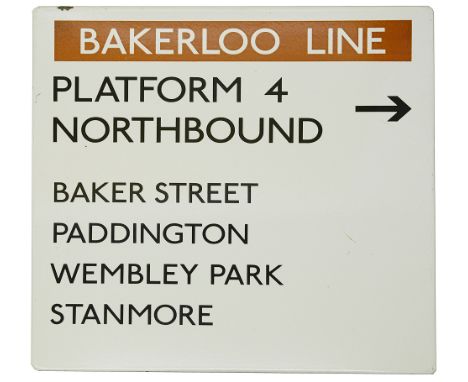 A London Underground enamel directional sign displaying 'BAKERLOO LINE / PLATFORM 4 / NORTHBOUND,with arrow facing right and 