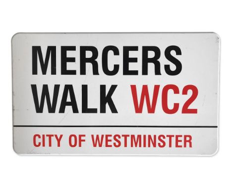 An enamelled iron street sign for Mercers Walk WC2, City of Westminster with iconic black and red sans serif lettering first 