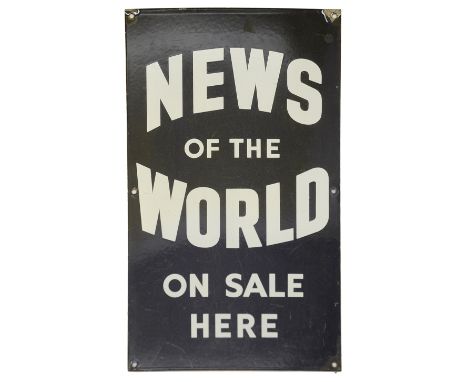 A News of the World enamel advertisement sign,white lettering on blue ground, six drilled holes for mountingheight 50.8cm, wi