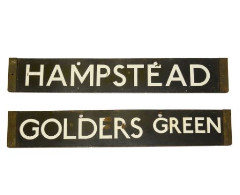 A London Underground 1938 Tube Stock enamel cab destination plate for HAMPSTEAD / GOLDERS GREEN,with white lettering on a bla