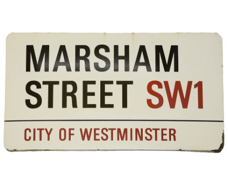 An enamelled iron street sign for Marsham Street SW1,with iconic black and red sans serif lettering first created by Sir Mish