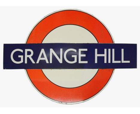 A London Underground enamel station roundel for Grange Hill,c.1930s-40s, in three parts consisting of nameplate of white lett
