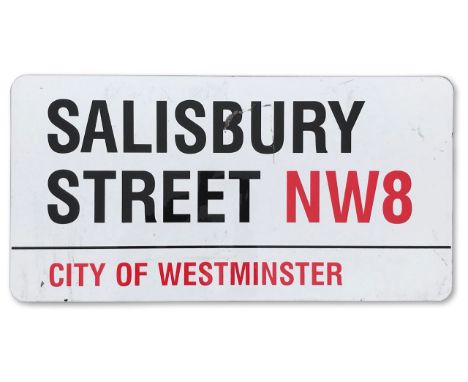 An enamelled iron street sign for Salisbury Street NW8, City of Westminster with iconic black and red sans serif lettering fi
