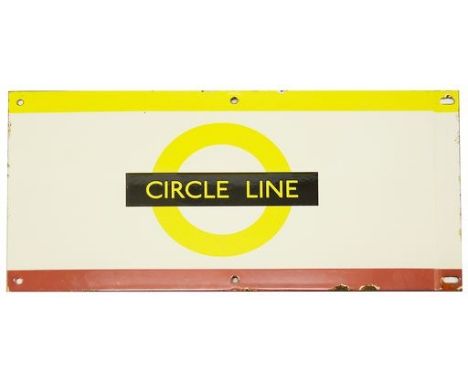 A London Underground enamel station frieze sign for 'CIRCLE LINE',yellow and maroon edging for the Metropolitan line, and yel