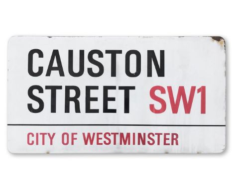 An enamelled iron street sign for Causton Street SW1, City of Westminster, with iconic and black and red sans serif lettering