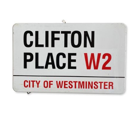 An enamelled iron street sign for Clifton Place W2, City of Westminster with iconic black and red sans serif lettering first 
