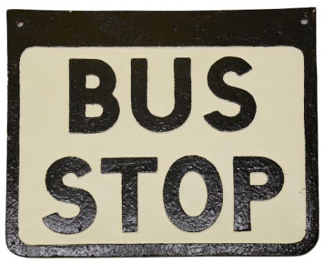 A cast iron Bus Stop sign,white ground and black letteringheight 25.5cm, width 30.5cmCondition: probably repainted
IMPORTANT: