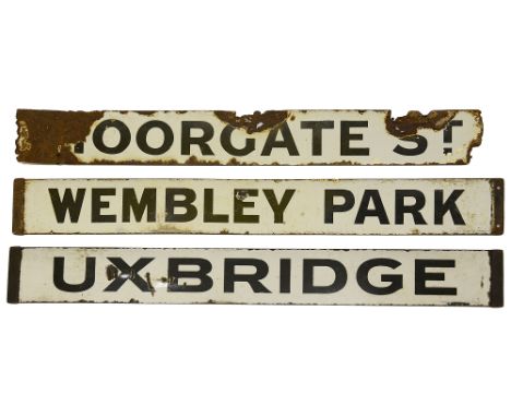 Three Metropolitan Railway enamel destination plates,early 20th century, double-sided reading MOORGATE ST / WEMBLEY PARK, MOO