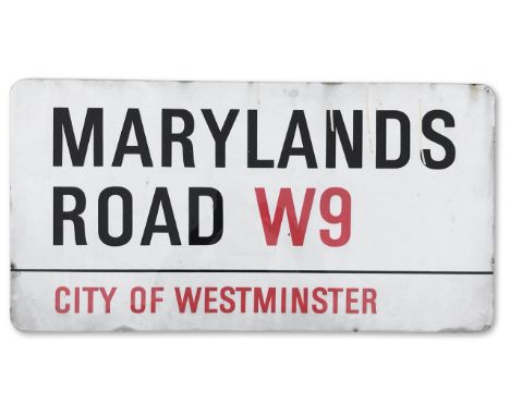An enamelled iron street sign for Marylands Road W9, City of Westminster with iconic black and red sans serif lettering first