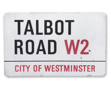 An enamelled iron street sign for Talbot Road W2, City of Westminster, on wooden frame to back, with iconic and black and red