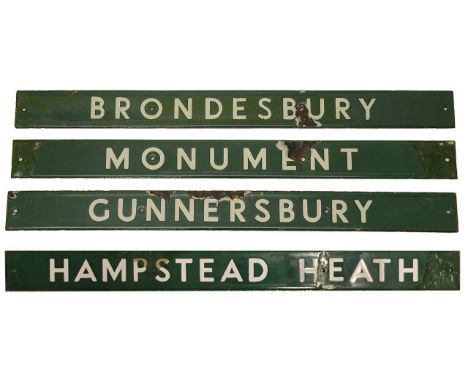 Four London Underground enamel destination plates for the District line,displaying HAMPSTEAD, BRONDESBURY, MONUMENT &amp; GUN