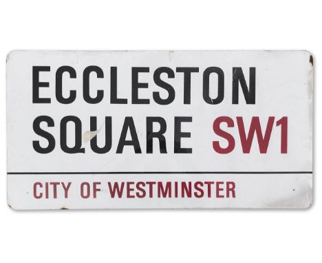 An enamelled iron street sign for Eccleston Square SW1, City of Westminster with iconic black and red sans serif lettering fi