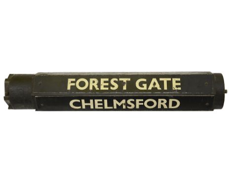 A rotating destination sign for a Great Eastern Main Line train,including stations 'Forest Gate' and 'Chelmsford', enamel sig