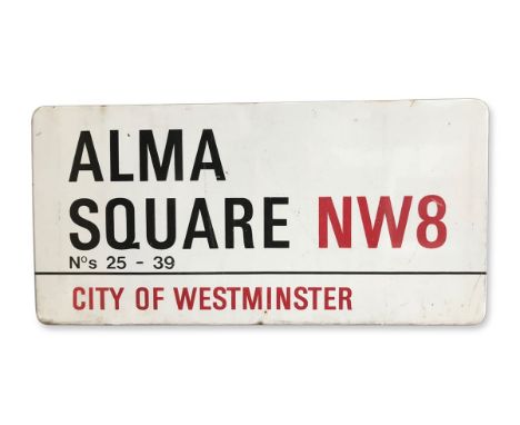 An enamelled iron street sign for Alma Square Nos 25-39 NW8 City of Westminster with iconic black and red sans serif letterin