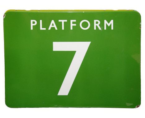 A BR(S) enamel sign displaying 'PLATFORM 7',with white letters on a green ground,height 45.8cm, width 60.8cmCondition: losses