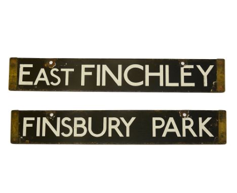 A London Underground 1938 Tube Stock enamel cab destination plate for EAST FINCHLEY / FINSBURY PARK,with white lettering on a
