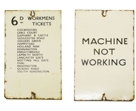 A London Underground double-sided enamel sign for a ticket machine displaying 'WORKMENS TICKETS',c.1930-40s, reverse side sho