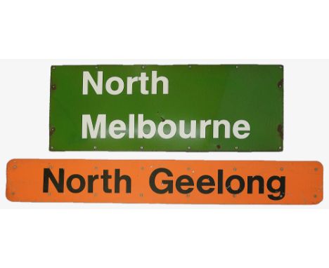Two Australian enamel railway signs for North Melbourne and North Geelong, (2)Melbourne measures height 40cm, width 103.5cm, 