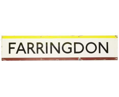 A London Underground enamel station frieze sign for Farringdon,black lettering on white ground with maroon and yellow edging 