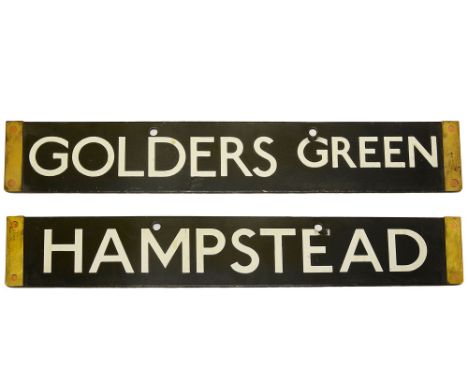 A London Underground 1938 Tube Stock enamel cab destination plate for GOLDERS GREEN / HAMPSTEAD,with white lettering on a bla