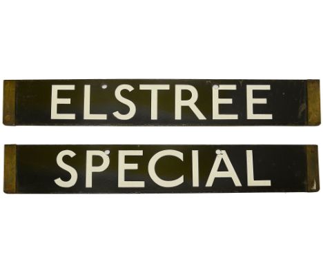 A London Underground Standard Tube Stock enamel cab destination plate for ELSTREE / SPECIAL,with white lettering on a black g