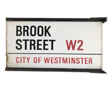 A double sided enamelled street sign for Brook Street W2, City of Westminster with iconic black and red sans serif lettering 