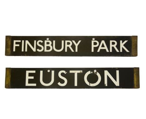A London Underground 1938 Tube Stock enamel cab destination plate for FINSBURY PARK / EUSTON,with white lettering on a black 