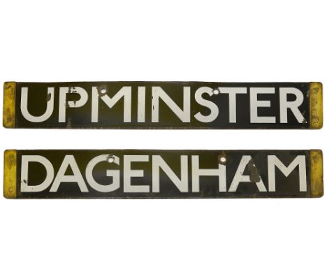 A London Underground Q Stock enamel cab destination plate for UPMINSTER / DAGENHAM,with white lettering on a black ground, br