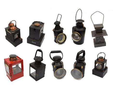 A collection of British Railway and other signal lamps and lanternsto include four three-lens lamps, three included with oil 