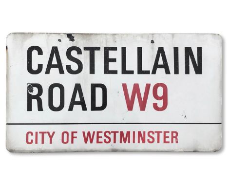 An enamelled iron street sign for Castellain Road W9, City of Westminster, with iconic and black and red sans serif lettering