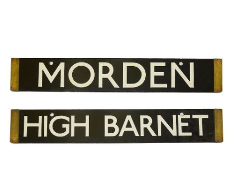 A London Underground 1938 Tube Stock enamel cab destination plate for MORDEN / HIGH BARNET,with white lettering on a black gr