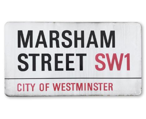 An enamelled iron street sign for Marsham Street SW1, City of Westminster, with iconic and black and red sans serif lettering