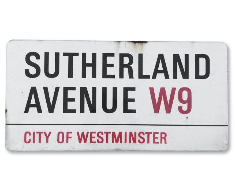 An enamelled iron street sign for Sutherland Avenue W9, City of Westminster, with iconic and black and red sans serif letteri