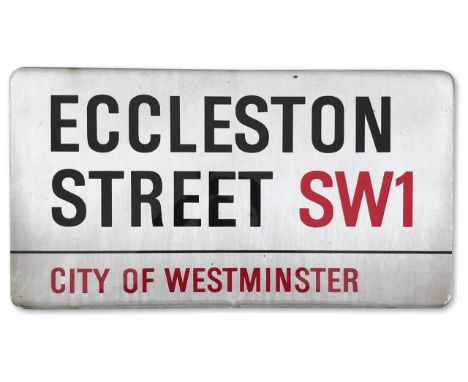 An enamelled iron street sign for Eccleston Street SW1, City of Westminster with iconic black and red sans serif lettering fi