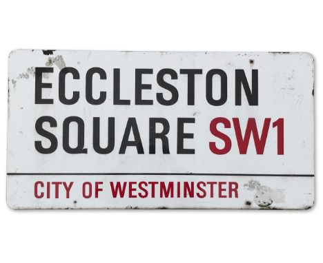 An enamelled iron street sign for Eccleston Square SW1, City of Westminster with iconic black and red sans serif lettering fi