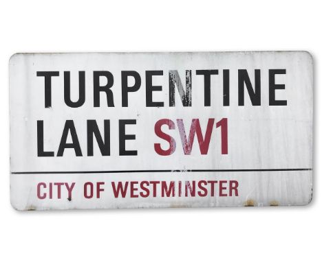 An enamelled iron street sign for Turpentine Lane SW1, City of Westminster, with iconic and black and red sans serif letterin