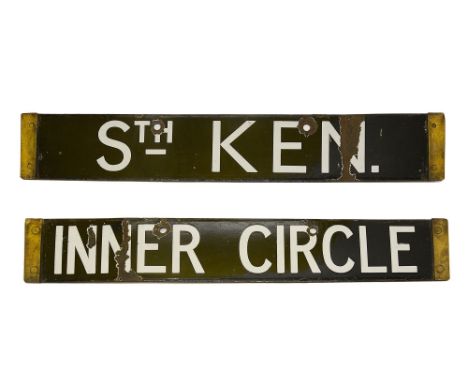 A London Underground Q/CO/CP Stock enamel cab destination plate for STH KEN / INNER CIRCLE,with white lettering on a black gr