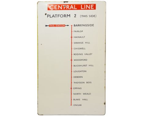 A large London Underground enamel directional sign for the Central Line from Barkingside station,displaying 'CENTRAL LINE / P