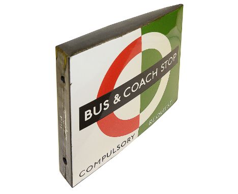 A London Transport enamel Bus &amp; Coach stop flag,bus compulsory and coach request version,1950s/60s, double sided 'boat' s