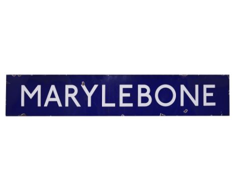 A London Underground enamel station sign for Marylebone,with white lettering on a blue groundheight 26.5cm, width 149cmCondit