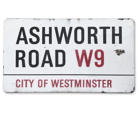An enamelled iron street sign for Ashworth Road W9, City of Westminster with iconic black and red sans serif lettering first 