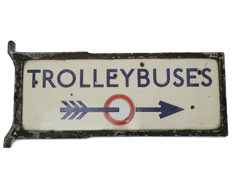 A c.1930s London Underground enamel direction sign displaying 'TROLLEYBUSES',a double sided signed with blue lettering on cre