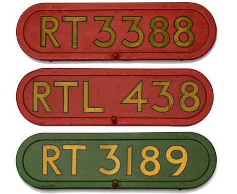 Three London Transport bus fleet number bonnet plates,the first displaying 'RT 3189', gold lettering on green from a Country 