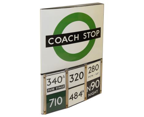A London Transport enamel Coach stop flag with six e-plates,compulsory version,a double sided 'boat' style flag with green an