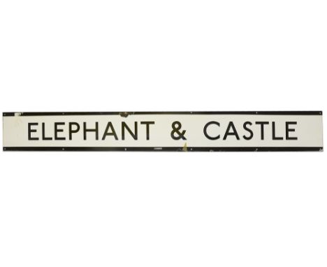 A London Underground enamel station frieze sign for Elephant &amp; Castle,black lettering on white ground with black edging f