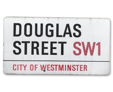 An enamelled iron street sign for Douglas Street SW1City of Westminster, with iconic and black and red sans serif lettering f