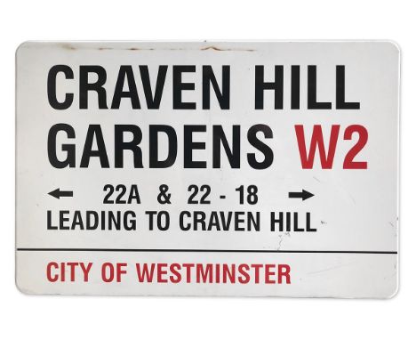 An enamelled iron street sign for Craven Hill Gardens 22A &amp; 22-18 Leading to Craven Hill W2, City of Westminster with ico