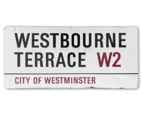 An enamelled iron street sign for Westbourne Terrace W2, City of Westminster, with iconic and black and red sans serif letter
